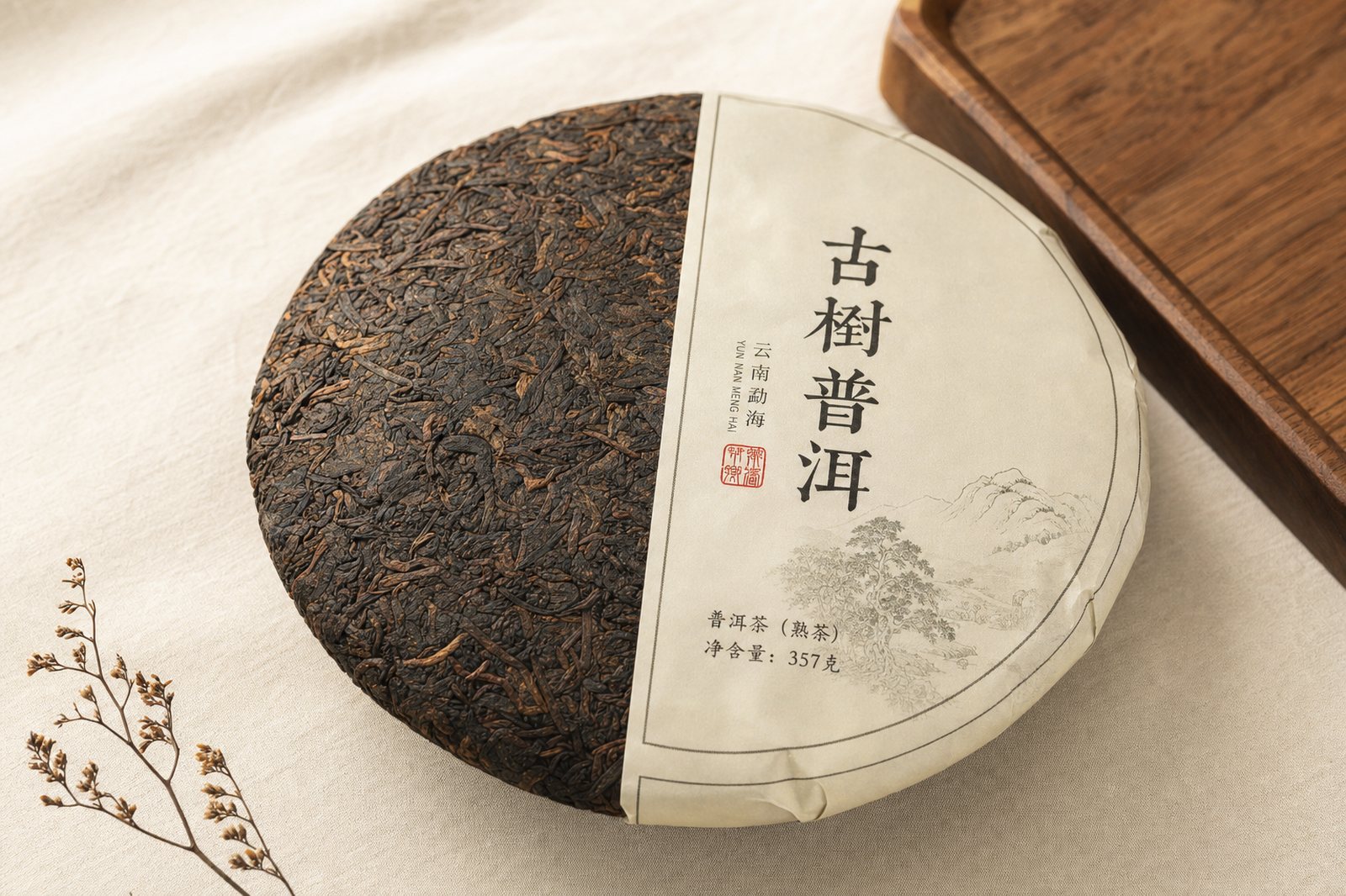 A pressed pu-erh tea cake, partially broken open, wrapped in traditional paper.