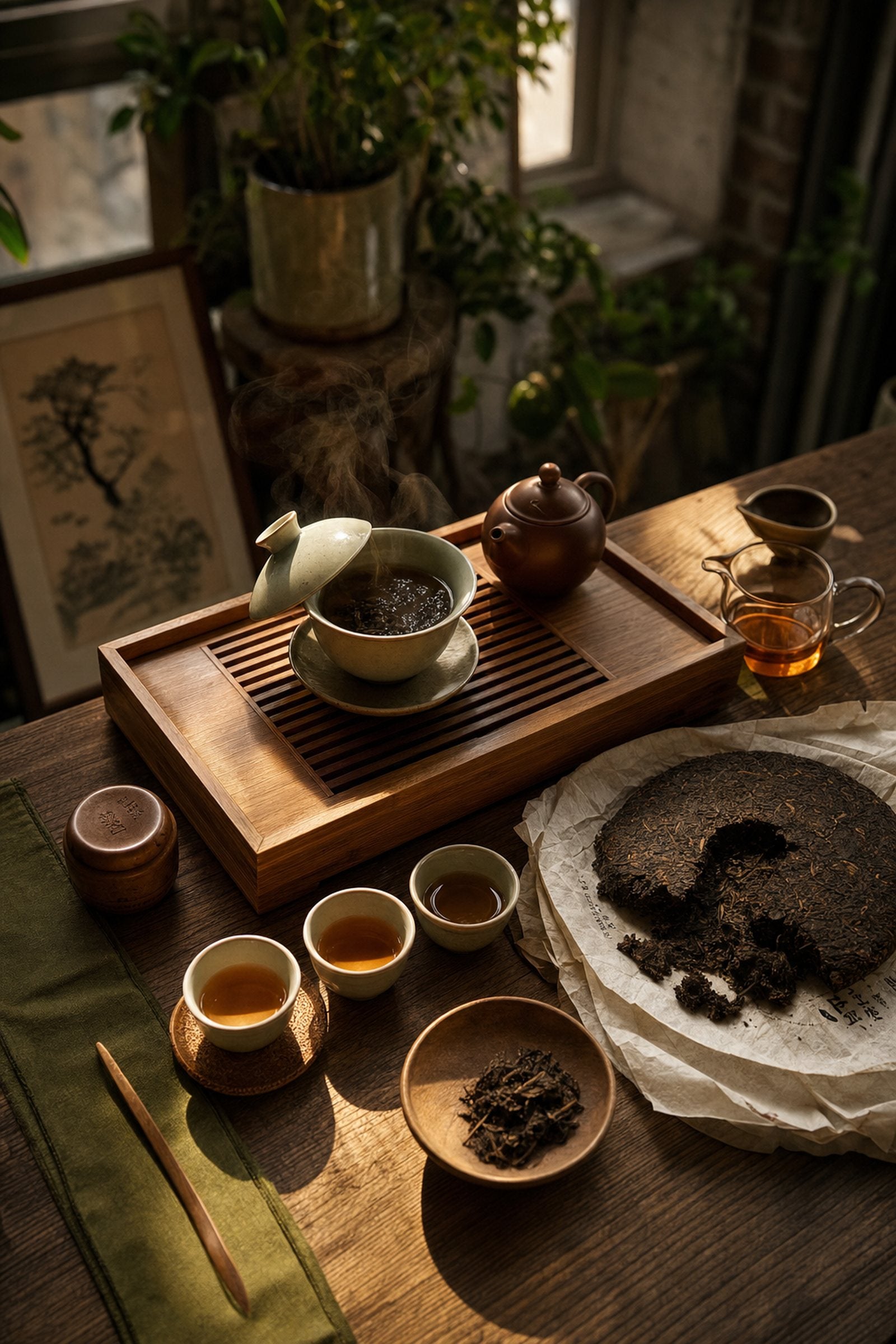A gongfu tea session in progress: a gaiwan steaming on a wooden tray, a clay teapot, small cups of brewed tea, and a broken pu-erh cake beside it.