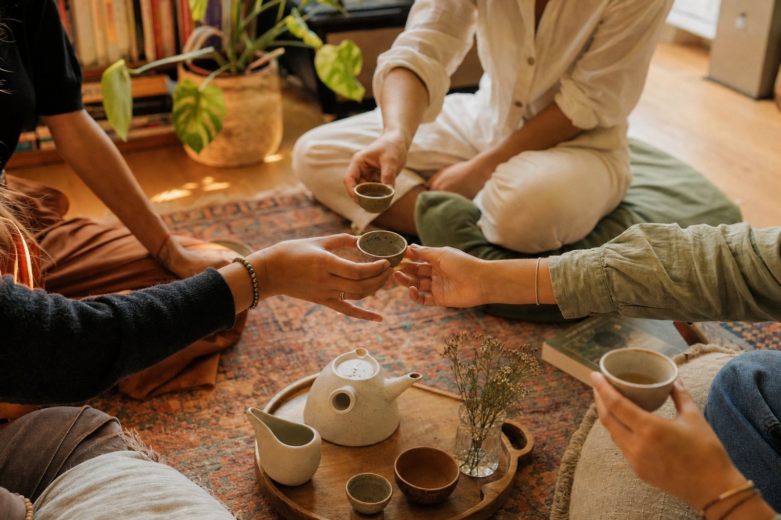Friends sharing a gongfu tea session together, cups and a teapot on the table between them.